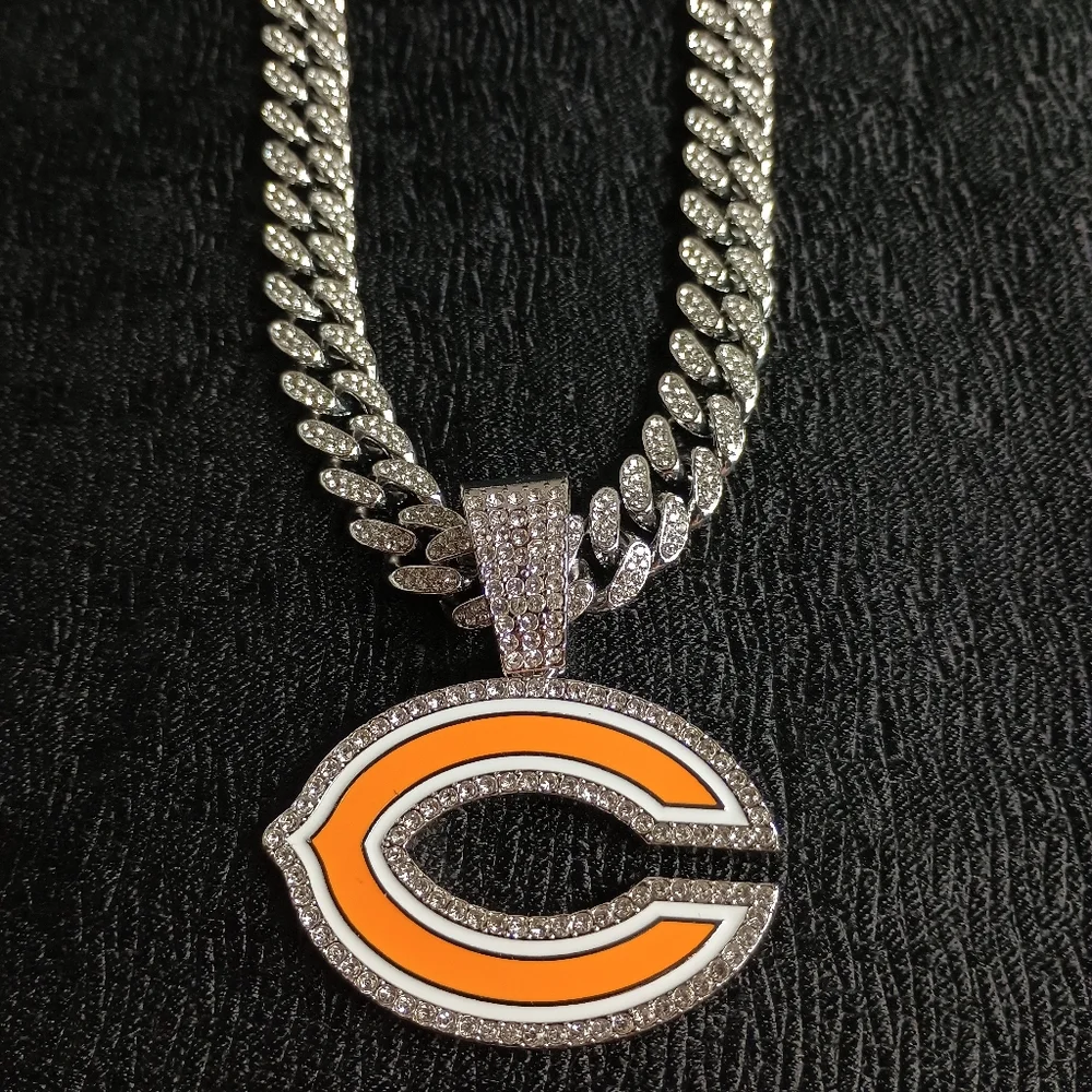 Chicago Bears Necklace Pendant Cuban Chain Link Football NFL Jewelry